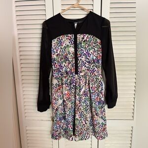 Kensie Black/Multicolor Sheer Long Sleeve Button Front Fit & Flare Dress Sz XS